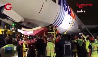 İstanbul Havalimanı’nda korkutan olay… Gövdesinin üzerine inen uçak kaldırıldı